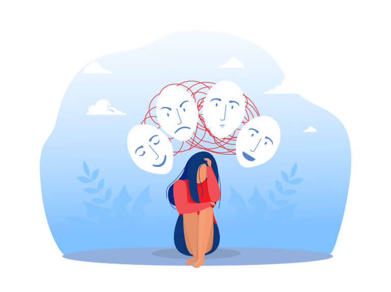 Imposter syndrome, masks with happy or sad expressions.Bipolar disorder, fake faces and emotions. Psychology, false behavior or deceiver.vector illustrator