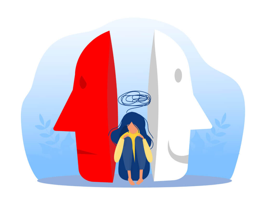 Imposter syndrome; masks with happy or sad expressions.Bipolar disorder; fake faces and emotions. Psychology; false behavior or deceiver.vector illustrator