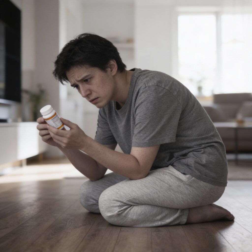 Man looking at antidepressant medication bottle with concerned expression