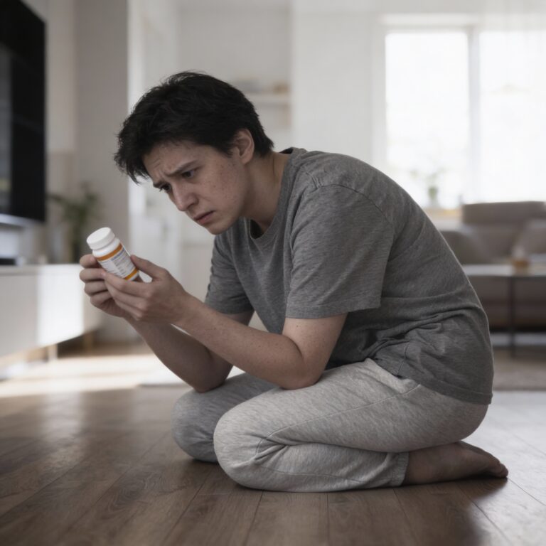 Man looking at antidepressant medication bottle with concerned expression