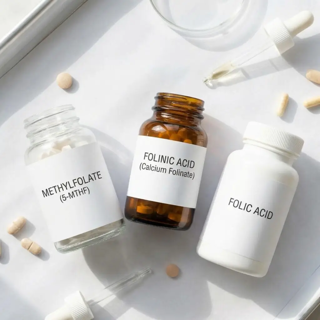 Leucovorin, Methylfolate, and Folic Acid pill bottles