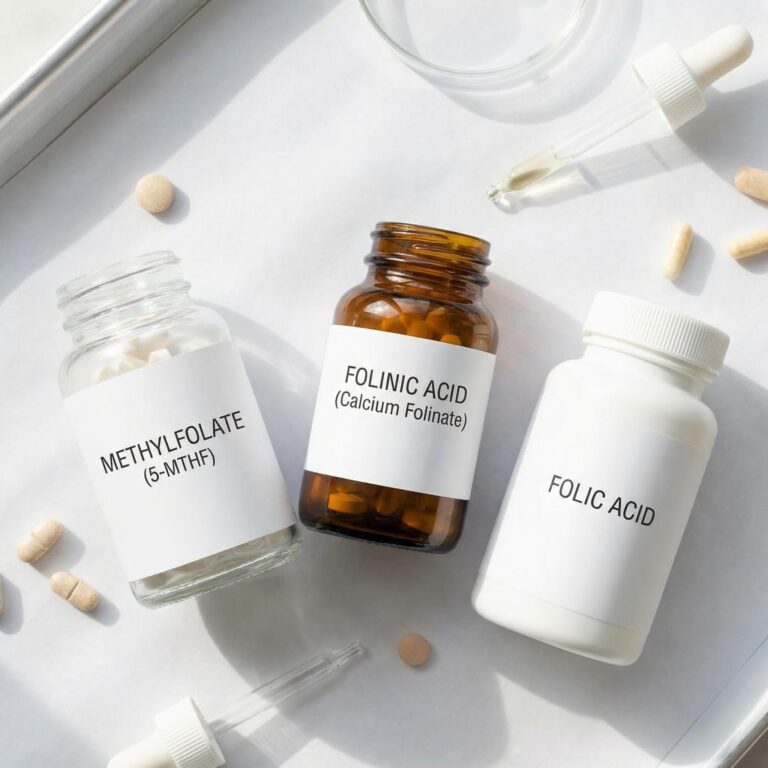 Leucovorin, Methylfolate, and Folic Acid pill bottles