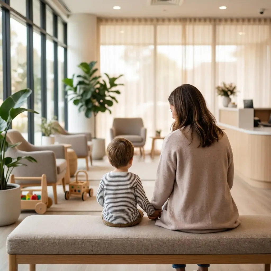 Mother and child sitting in a waiting room