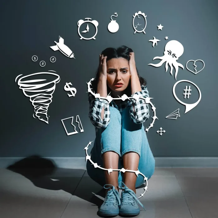 Depressed young woman sitting near dark wall